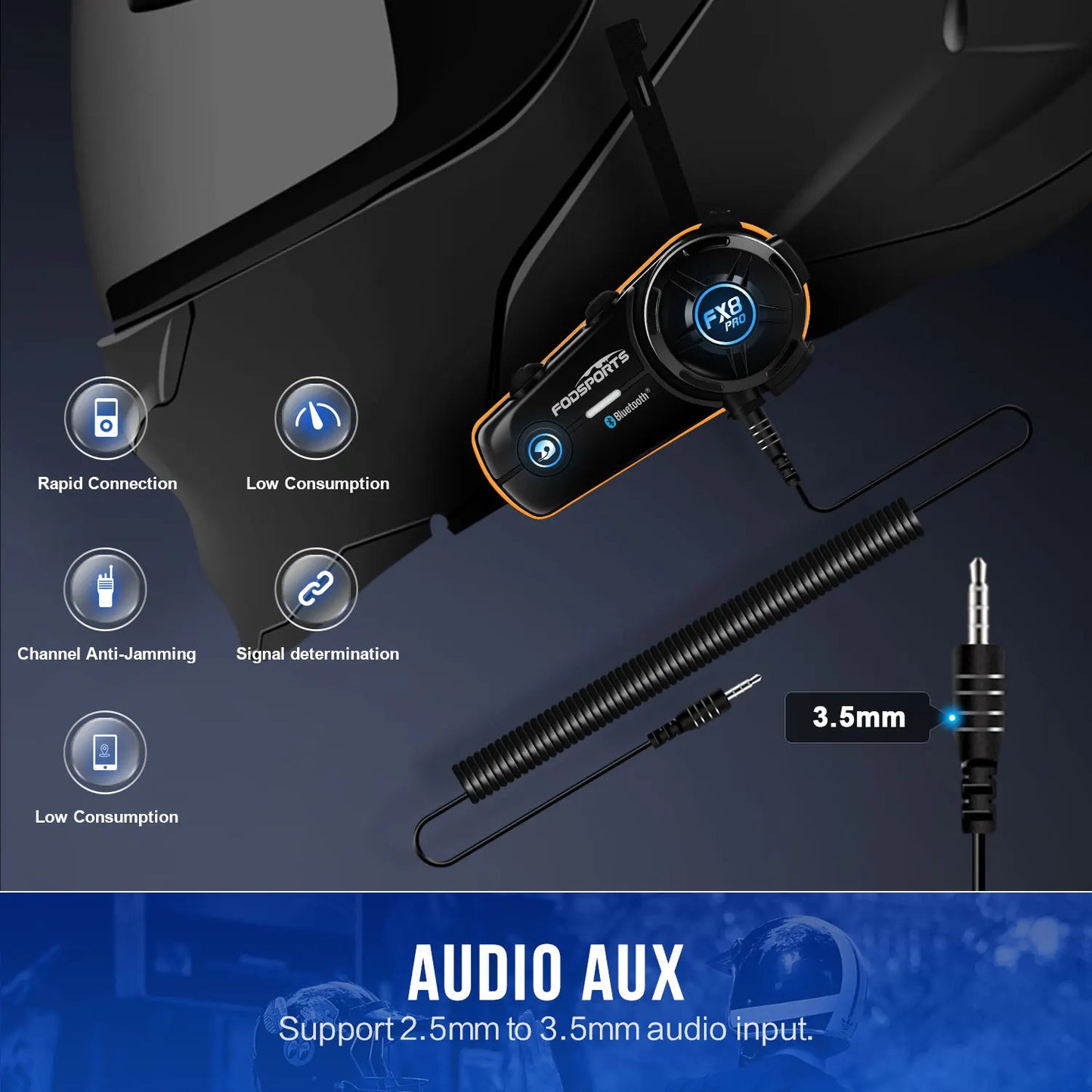 2pcs Fodsports FX8 Pro Motorcycle Helmet Intercom Bluetooth Headset Interphone,10 Riders 2000M,Dual Chip,Support APP.