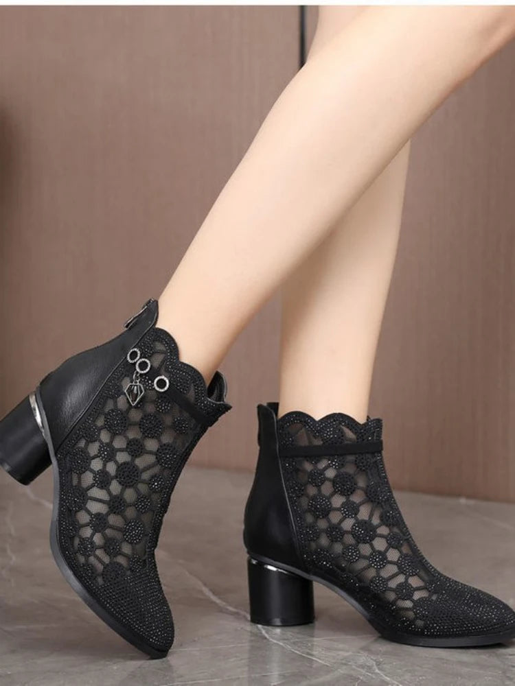 2026 Spring Summer Fashion Rhinestones Gauze Sandals Thick Heels Mesh Autumn Ankle Boots Female Hollow Women's Shoes