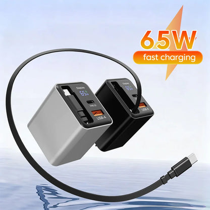 65W USB C GaN Charger Wall Charger Power Adapter Digital Display With Retractable Type C Cable For iPhone 17 16 Samsung Xiaomi