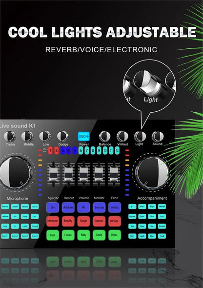 * K1 Live Sound Card Voice Changer Karaoke  Audio Mixer for Broadcast Recording KTV Music Audio Multifunctional Live Sound Card