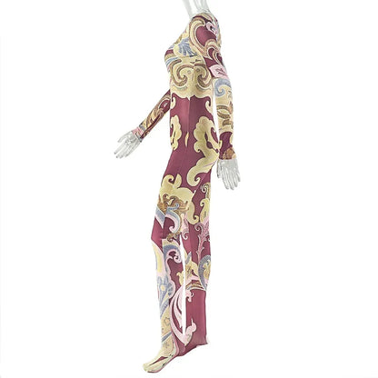 Printed Skinny Footed Jumpsuits Women Fashion O Neck Long Sleeve Peach Hips Slim Casual Streetwear Overalls Night Club Rompers