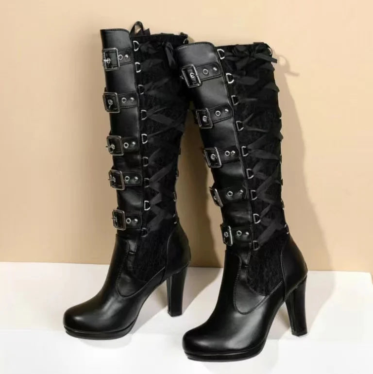 Platform Boots For Women Lace Up Chunky High Heel Mid Calf Boots Narrow Band Bow Knot Goth Gothic Shoes Winter 2024