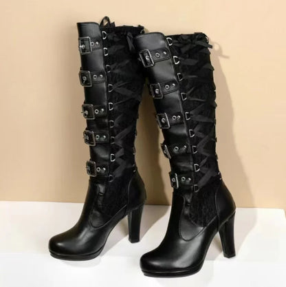 Platform Boots For Women Lace Up Chunky High Heel Mid Calf Boots Narrow Band Bow Knot Goth Gothic Shoes Winter 2024