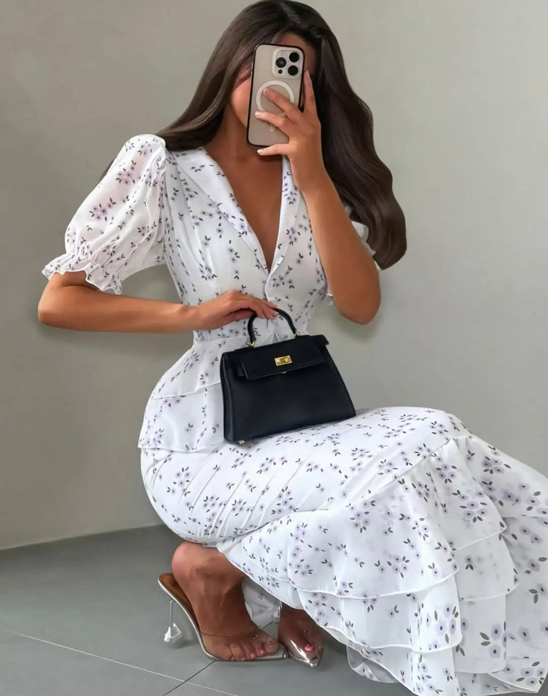 Printed V-neck Waist Cinched Pleated Dress Lapel Short Sleeve High Waisted Maxi Dresses Elegant Women's Summer New Vestidos