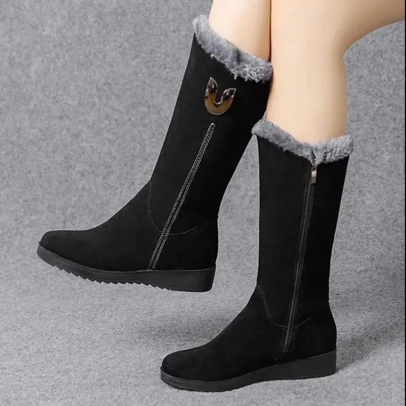 2025 New Women's Boots Fashion Mid-calf Boots Plush Warm Snow Boot Wedge Platform Boots for Women Winter Cotton Boot Botas Mujer