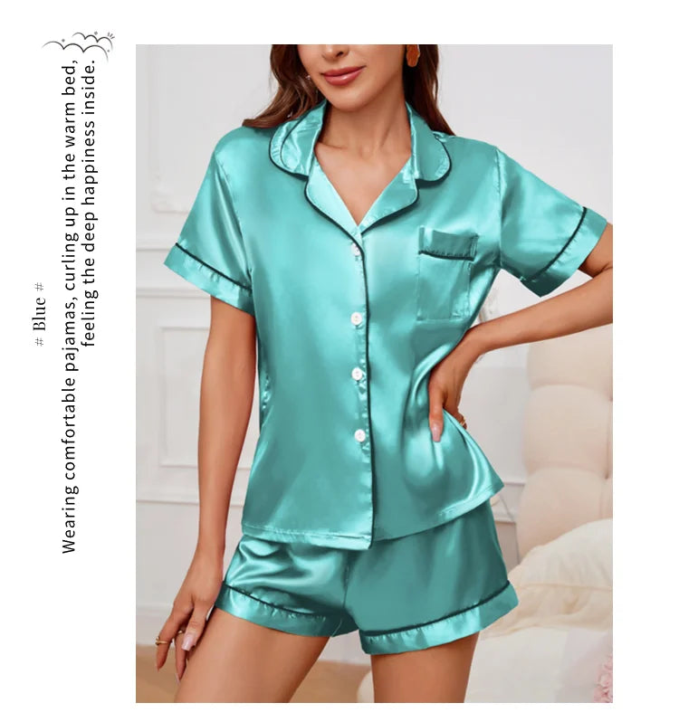 Women's Satin Pajama Set Summer Sleepwear Loungewear Short Sleeve Lapel Top & Shorts Pyjamas Button Home Clothes Pajamas Pjs Set
