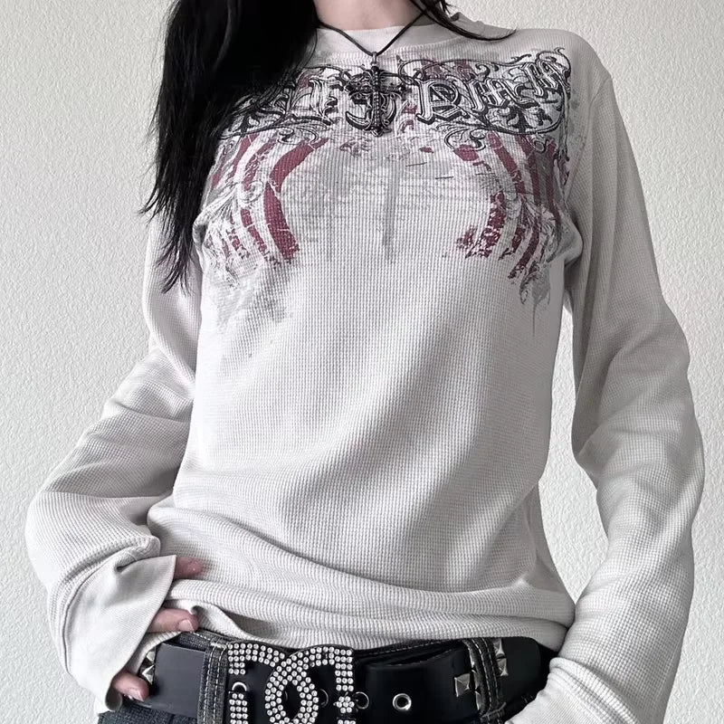 Women Y2k Fairy Grunge Shirt Vintage Graphic Print Long Sleeve Tee Shirt Tops Teen Girls Grunge Aesthetic Clothes Streetwear