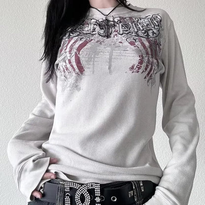 Women Y2k Fairy Grunge Shirt Vintage Graphic Print Long Sleeve Tee Shirt Tops Teen Girls Grunge Aesthetic Clothes Streetwear