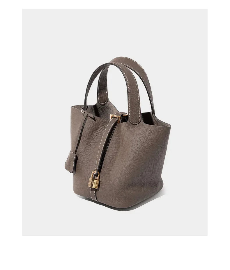 Genuine Leather Shoulder Bucket Bag Women Litchi Pattern Mini Basket Tote Soft Handbag Mommy Bride Wedding Bags with Lock