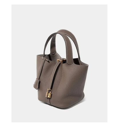 Genuine Leather Shoulder Bucket Bag Women Litchi Pattern Mini Basket Tote Soft Handbag Mommy Bride Wedding Bags with Lock