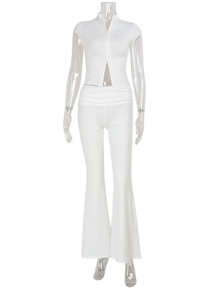CNYISHE Lace Buckle Women Sets Fashion Cool Half High Collar Short Sleeve Sheath Chic Tees Solid Female Suits Trendy Sexy Pants