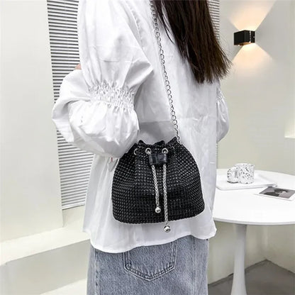 Sparkling Rhinestone Embellished Drawstring Crossbody Bag for Women Multi-Functional Bucket Purse with Detachable Chain Strap
