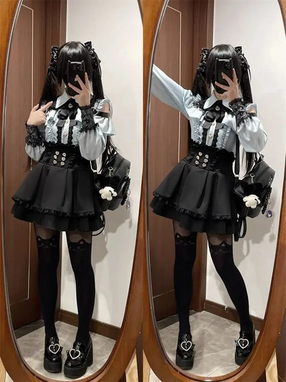Gothic Women's Clothing Shirt Long Sleeve Lolita Blouse Japanese Bow Tie Sweet Cute Tops Design Streetwear Y2k Retro Blouse New