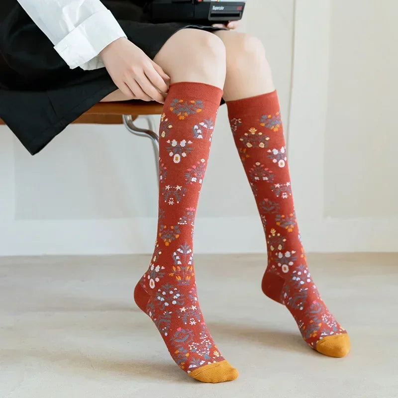 Socks Women's High Tube Calf Knee-length Socks Retro Illustration Art Abstract Street Autumn and Winter Cotton Socks High Sock