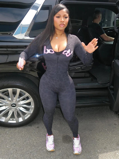 Weird Puss Letter Leopard Print 2 Piece Set Women Casual Zip Hooded Crop Jacke+Leggings Matching Stretch Sporty Street Outfits