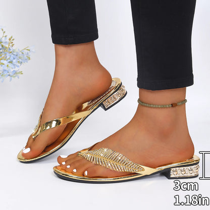Luxury Rhinestone Leaf Flip Flops Woman Summer 2026 Gold Silver Crystal Low Heel Sandals Women Soft Bottom Lightweight Shoes 43