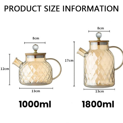 Glass Tea Kettle With Bamboo Lid And Removable Filter Spout Champagne Teapot For Loose Leaf Blooming Tea And Fruit Tea 1/1.8L