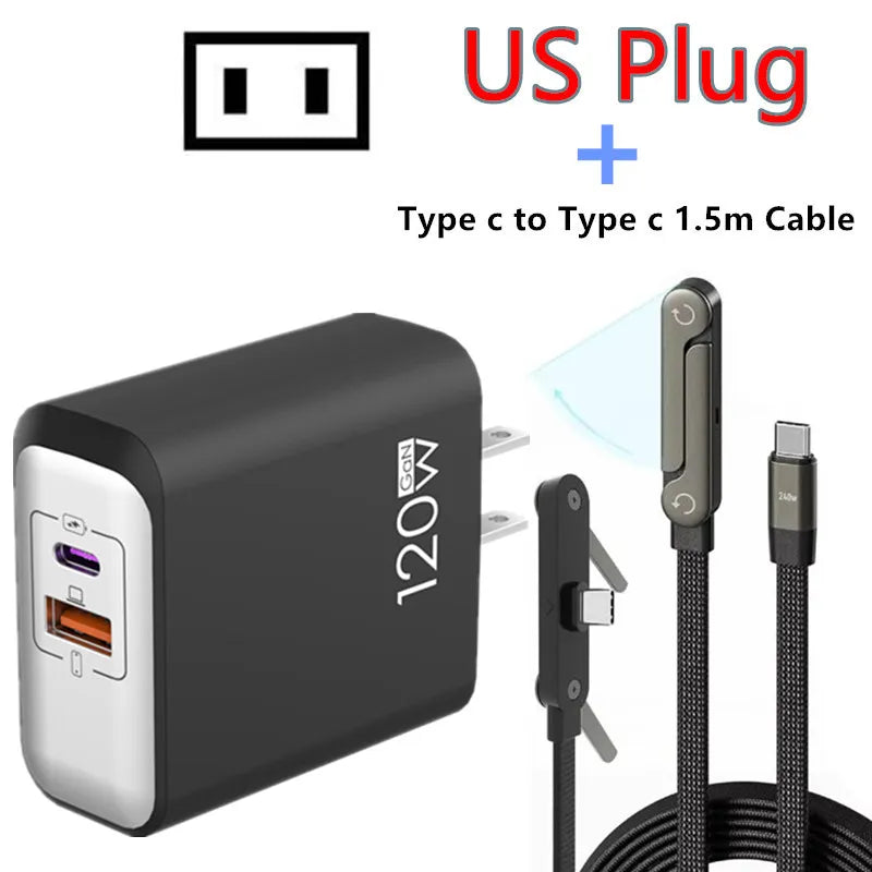 120W PD Fast Charger Type C Quick Charge USB C Wall Charger Adapter For iPhone 17 16 15 Samsung Xiaomi OPPO 2-in-1 Data Cable﻿﻿
