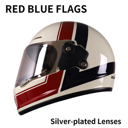 Retro-style full-face helmet with multi-color lenses, ABS material, DOT certified, suitable for all seasons