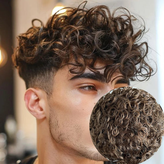 20mm Curly Blonde Brown Black Weave Toupee Man 100% Human Hair Wig Mono Lace&NPU Toupets for Men #4 System Capillary Prosthesis