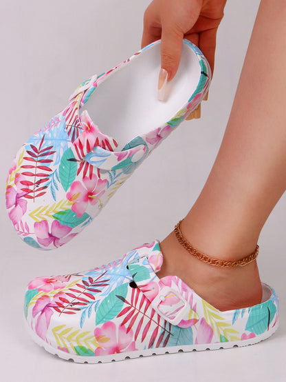 Women's Fashion Floral Print Clogs, Eva Summer Non-Slip Work Shoes, Lightweight Flat Soft Sole Adjustable Buckle Closed Toe Suitable for Beach Garden Autumn