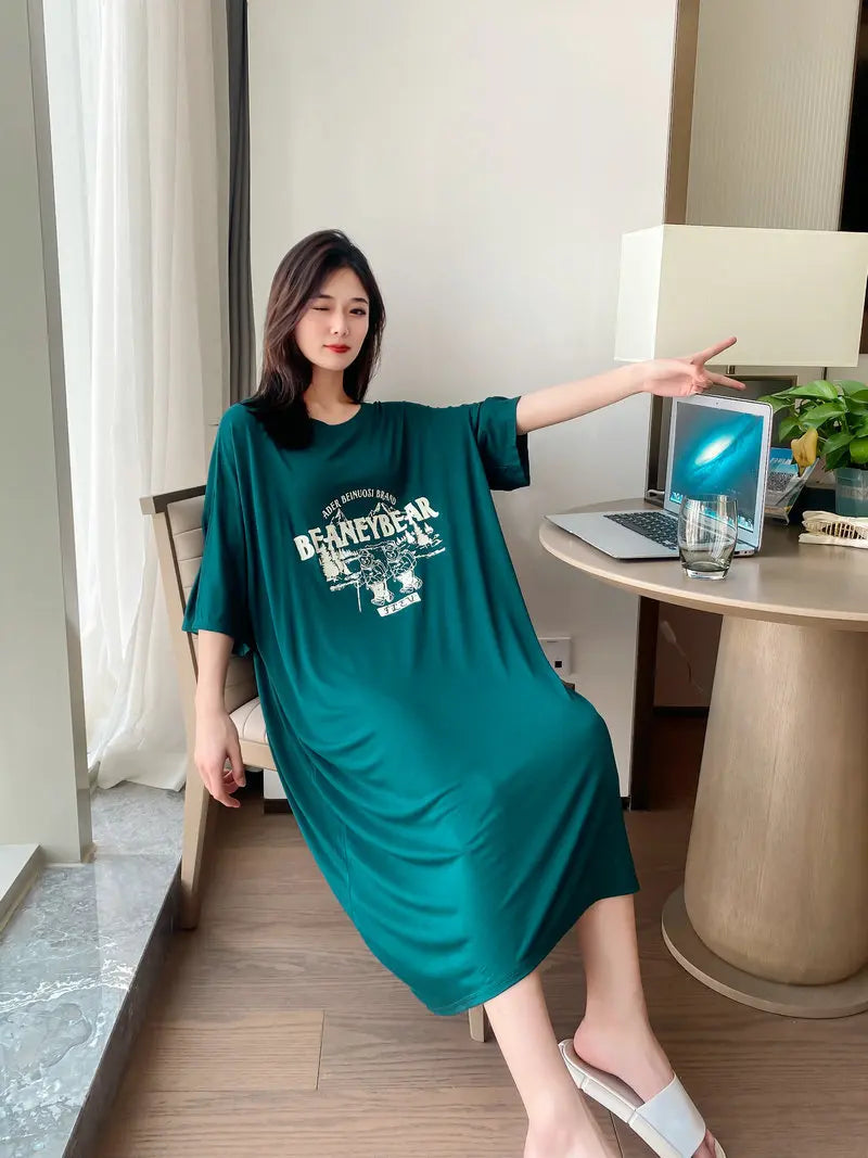 New Casual Sleepwear Woman Night Dress Lounge Home Wear Clothes Printed Short Sleeve Female Nightgowns Cotton Loose Nightshirt