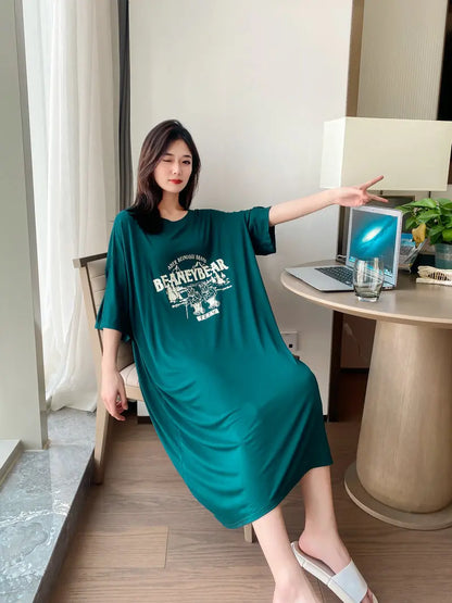 New Casual Sleepwear Woman Night Dress Lounge Home Wear Clothes Printed Short Sleeve Female Nightgowns Cotton Loose Nightshirt