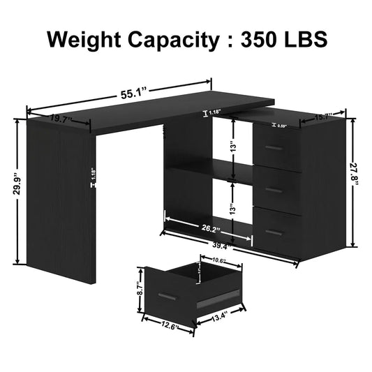 Black L Shaped Computer Desk with Drawers, L Shaped Home Office Desk with Storage Cabinet Shelves, Reversible, Customized