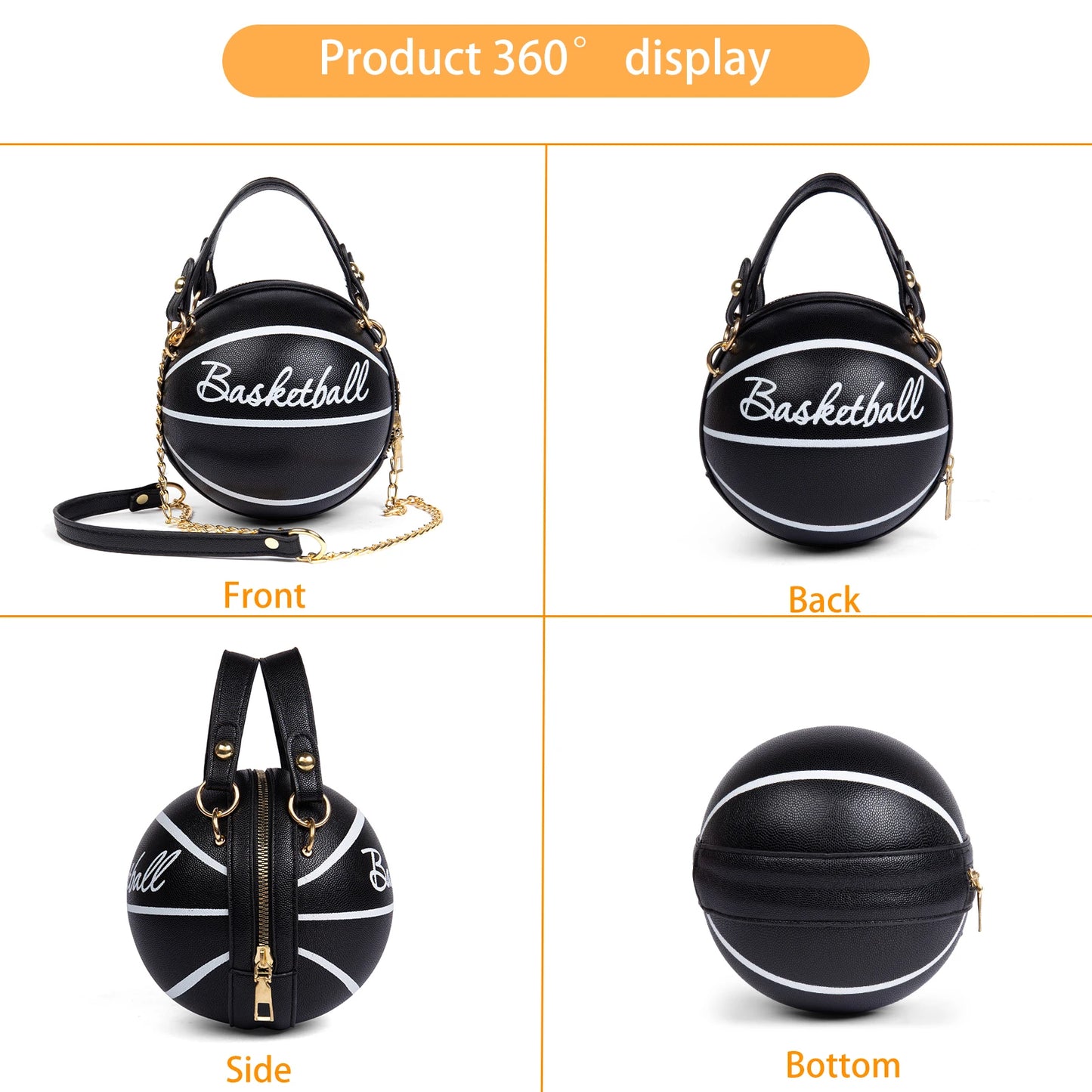 Basketball Shaped Crossbody Bag, Trendy Y2K Chain Shoulder Bag, PU Leather Top Handle Circle Purse Purses and Handbags Hand Bags