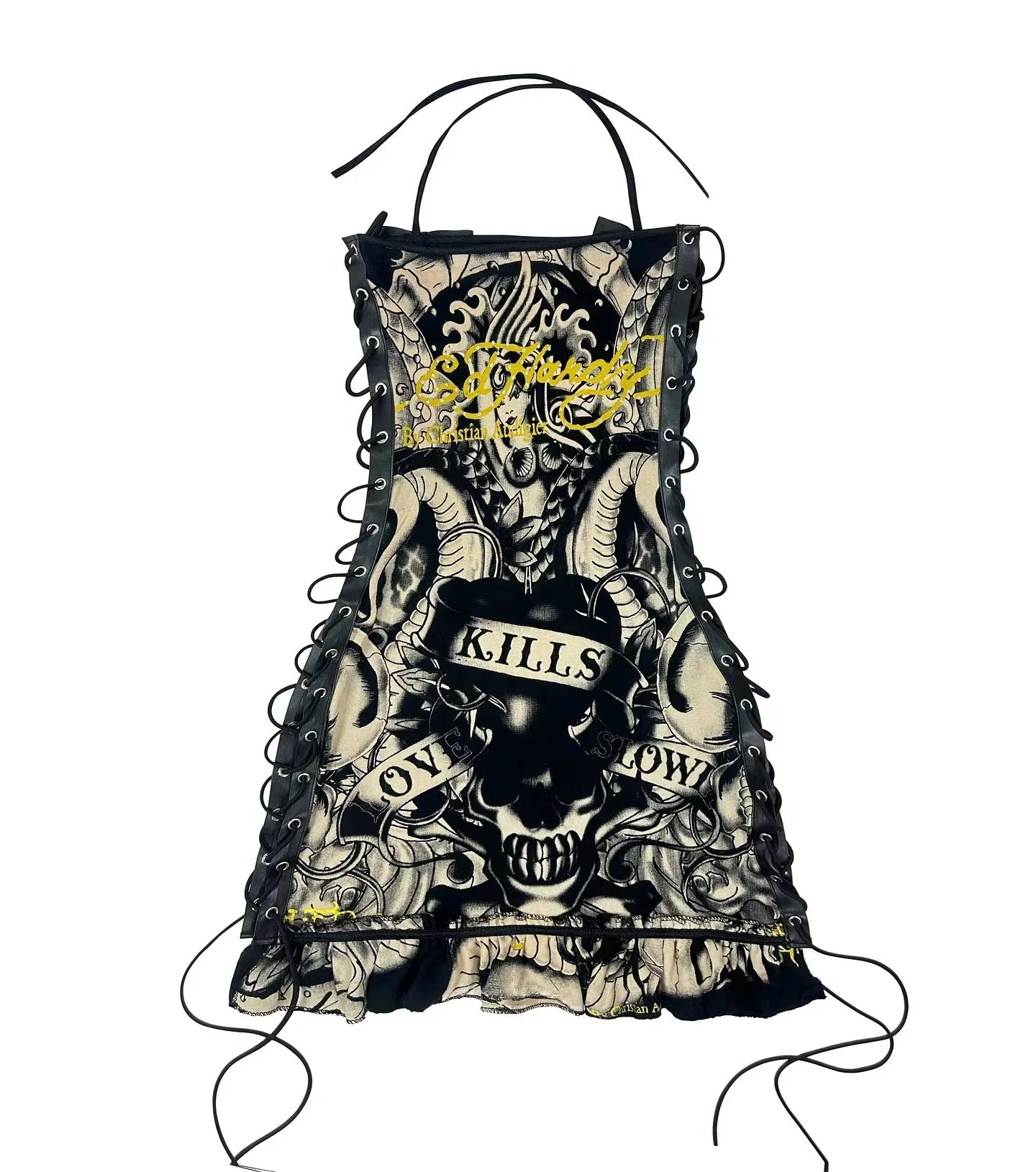 Joskaa Halter Printed Y2k Line Up Wacky Contrast Dress Women Gothic Party Sexy Hollow Bandage Halloween Makeup Dresses Outwear