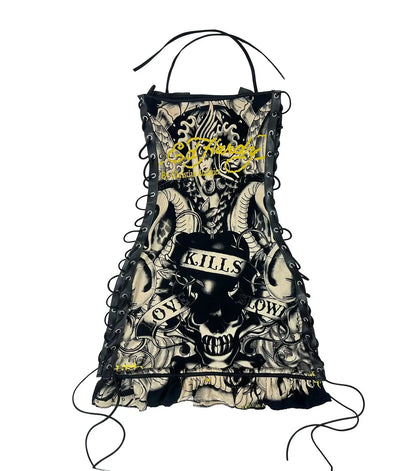 Joskaa Halter Printed Y2k Line Up Wacky Contrast Dress Women Gothic Party Sexy Hollow Bandage Halloween Makeup Dresses Outwear