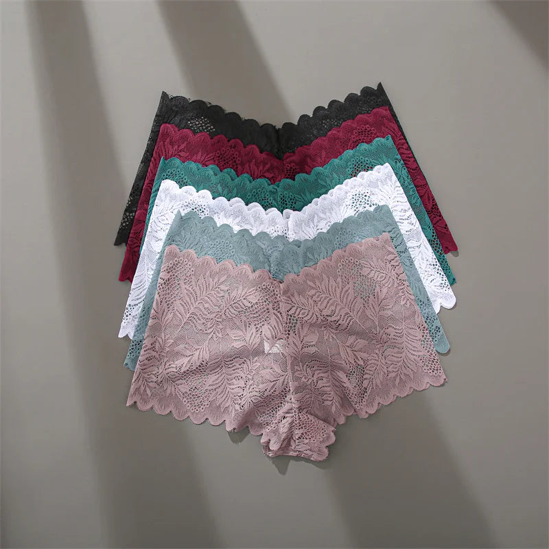FINETOO 4pcs Lace Floral Boyshorts Underwear for Women Sexy Hollow Out Solid Panties Female Low-Waist Breathable Girls Lingerie