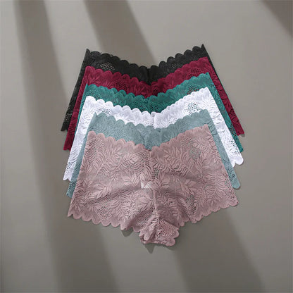 FINETOO 4pcs Lace Floral Boyshorts Underwear for Women Sexy Hollow Out Solid Panties Female Low-Waist Breathable Girls Lingerie