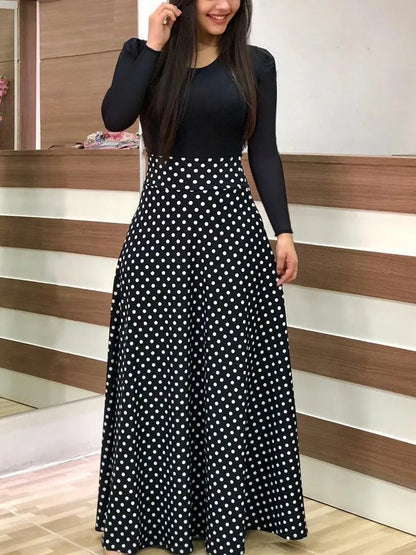 Autumn hot selling European and American flower color matching dresses, long dresses, women's clothing in stock