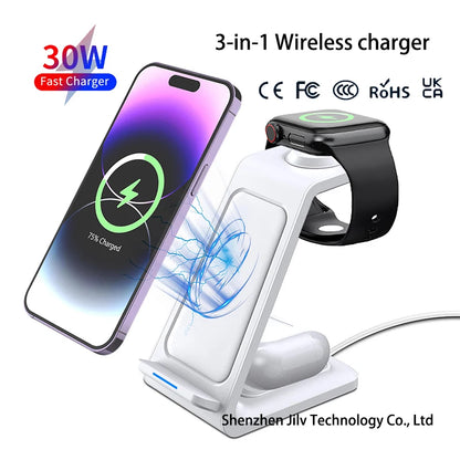 3 In 1 Magnetic Wireless Charger Stand For iPhone 16 15 14 13 Pro Max Apple Watch 9 8 AirPods Fast Charging For Samsung Xiaomi