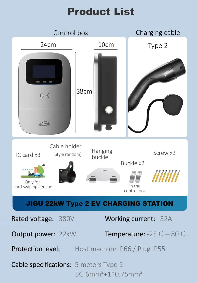 JIGU Type2 Electric Vehicle Charging Station 3 Phase 380V Type 2 EV Charger Charger APP WIFI 22KW Wallbox 5 meters Electric Car