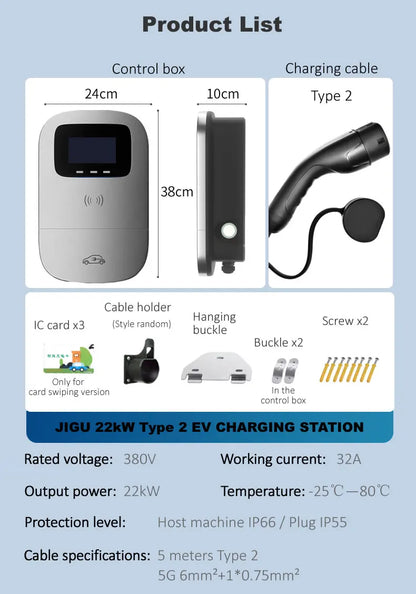 JIGU Type2 Electric Vehicle Charging Station 3 Phase 380V Type 2 EV Charger Charger APP WIFI 22KW Wallbox 5 meters Electric Car