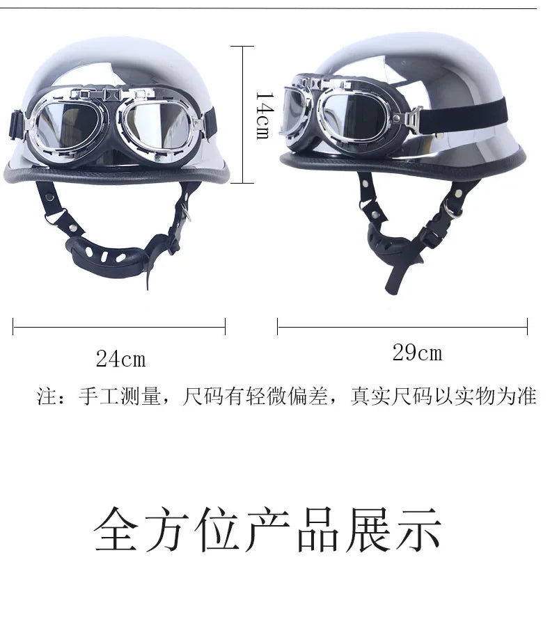 DOT Chrome Silver Mirror Color Motorcycle Helmet German Motorcycle Half Helmet Chopper Biker Pilot Helmet with Free Goggle