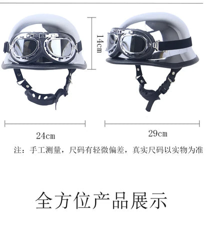 DOT Chrome Silver Mirror Color Motorcycle Helmet German Motorcycle Half Helmet Chopper Biker Pilot Helmet with Free Goggle