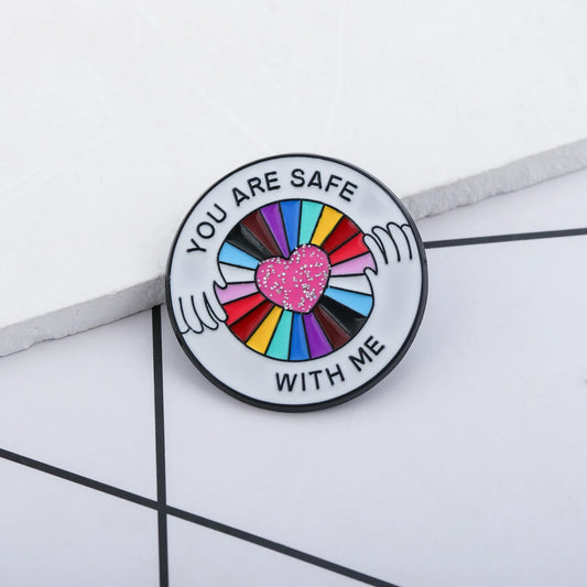 LGBTQ Rainbow Pride Enamel Pin You Are Safe With Me Hug Design Brooch Backpack Collar Accessory Gift for Friends