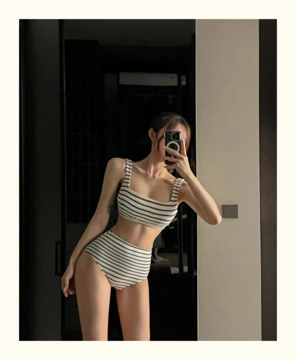 Korean Style Summer Stripe Women High Waisted Swimwear Female Push Up Swimsuit 2024 Swimming Bathing Suit Bikini Set Beach Wear