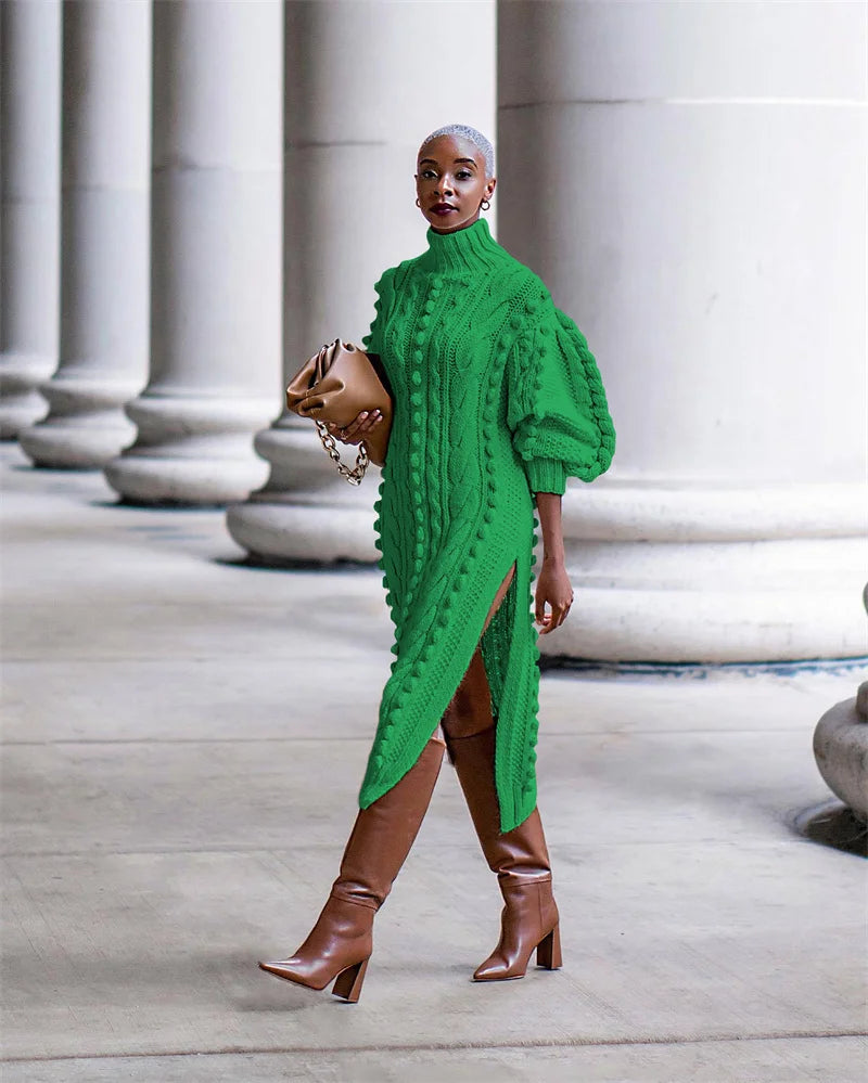 Streetwear Turtleneck Sweater Dress Women Autumn Winter Long Sleeve Elegant Ribbed Knitted Stretchy Warm Party Club Midi Dresses