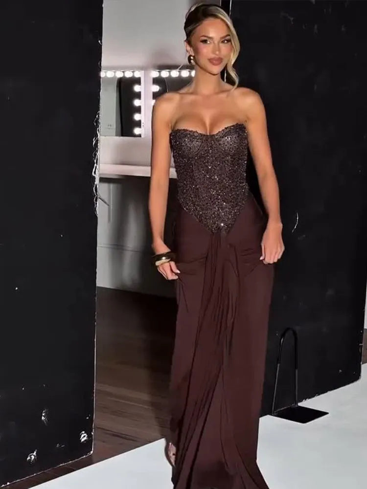 Chic Sequins Lace Up Dress Women Cinched Waist Strapless Patchwork Pleated Sleeveless Maxi Gowns 2025 Summer Evening Party Robe