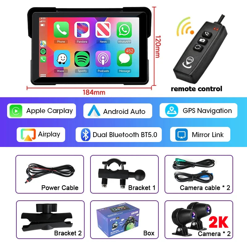 Jansite 5/7 inch Carplay Motorcycle DVR Navigation GPS Wireless CarPlay Android Auto IPX7 Display Screen Portable Moto Monitor