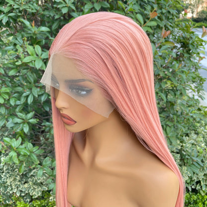 High Quality Pink 13X4 Synthetic Lace Front Wig for Woman 26 Inch Long Sliky Straight Wig Half Hand Tied Glueless Halloween Wig