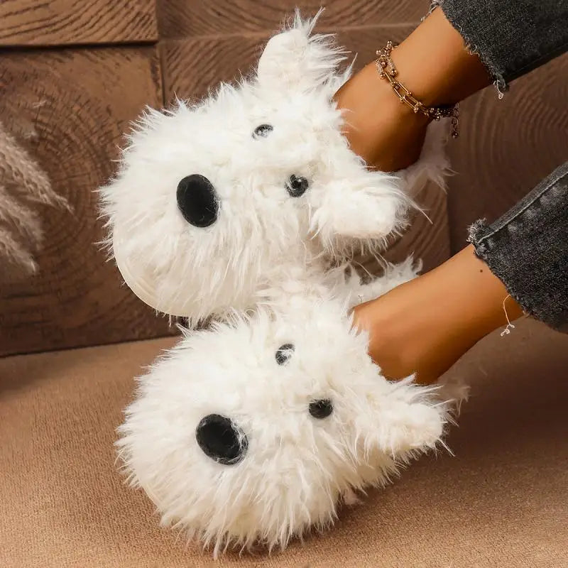 Cartoon Puppy Fluffy Fur Indoor Slippers Women 2025 Winter Thick Bottom Furry Mules Slippers Warm Plush Home Slides for Womon