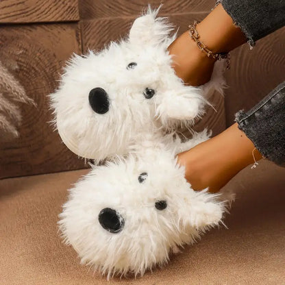 Cartoon Puppy Fluffy Fur Indoor Slippers Women 2025 Winter Thick Bottom Furry Mules Slippers Warm Plush Home Slides for Womon