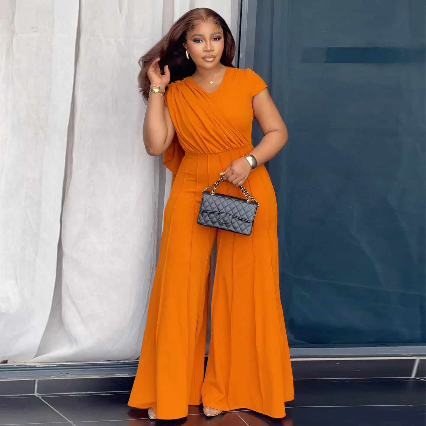 Women Shirrring Jumpsuits Mini Lenth Jumpsuit Short Sleeves V Neck Top High Waist Wide Leg Pants Casual Loose Fit 2026 Summer