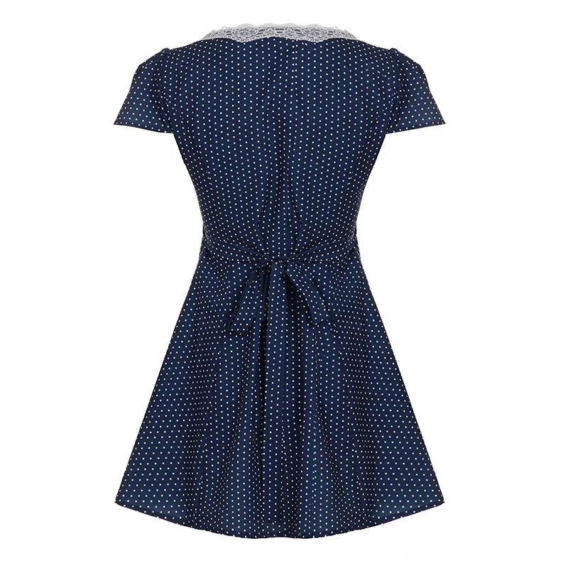 [RUOKE] French Elegant Street Dress Women Polka Dot Dress Sexy Lace Trim V Neck Mini Dress A-line Summer Casual Daily Outfit Y2K