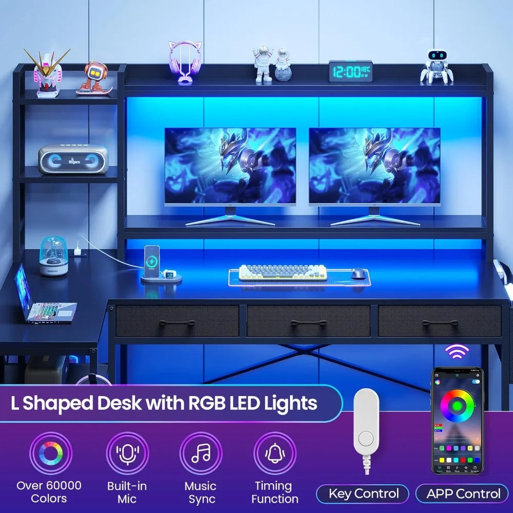 55" L Shaped Gaming Desk, Gaming Desk with Hutch & Drawers, Corner Computer Desk with Shelves and Storage, Customized